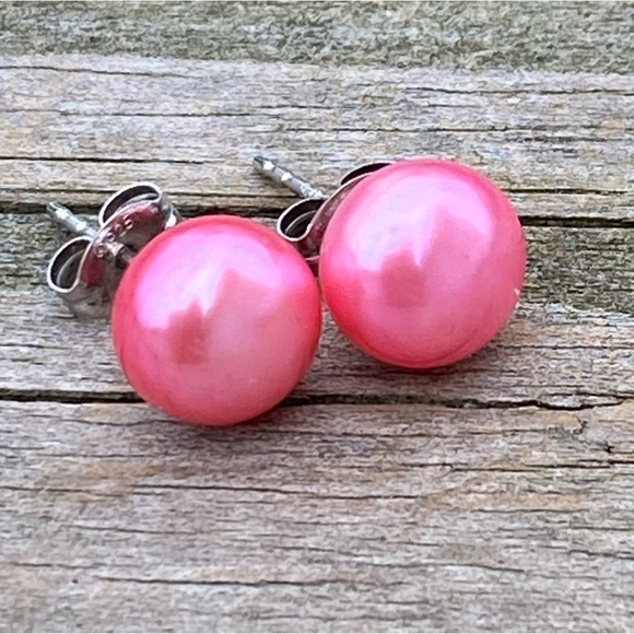 Cultured Pink Pearl earrings .925 Sterling Silver 8mm Pearls - Picture 2 of 9